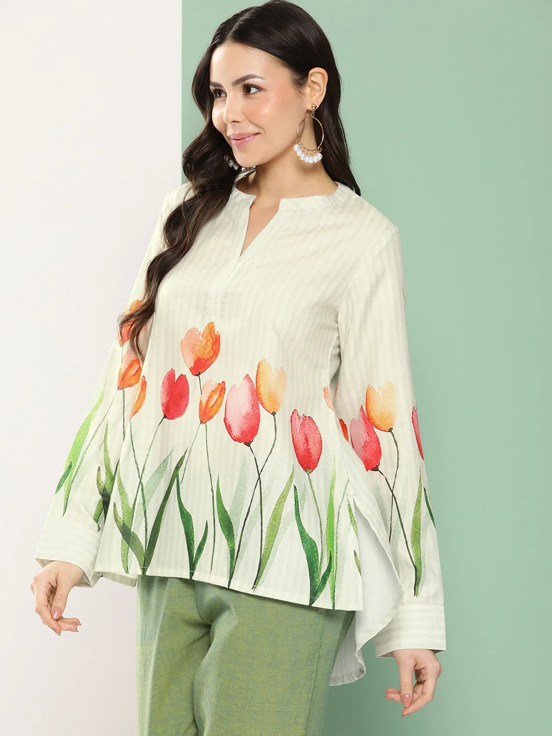 Beige Flowal Prined High Low Top