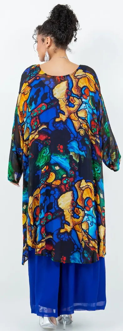 Blue Gold Gems Mosaic hi-low Tunic Top Boho Hippie Chic Resort Wear Sml-10X