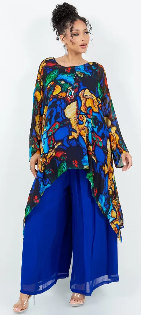 Blue Gold Gems Mosaic hi-low Tunic Top Boho Hippie Chic Resort Wear Sml-10X