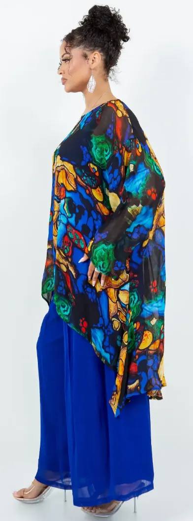 Blue Gold Gems Mosaic hi-low Tunic Top Boho Hippie Chic Resort Wear Sml-10X