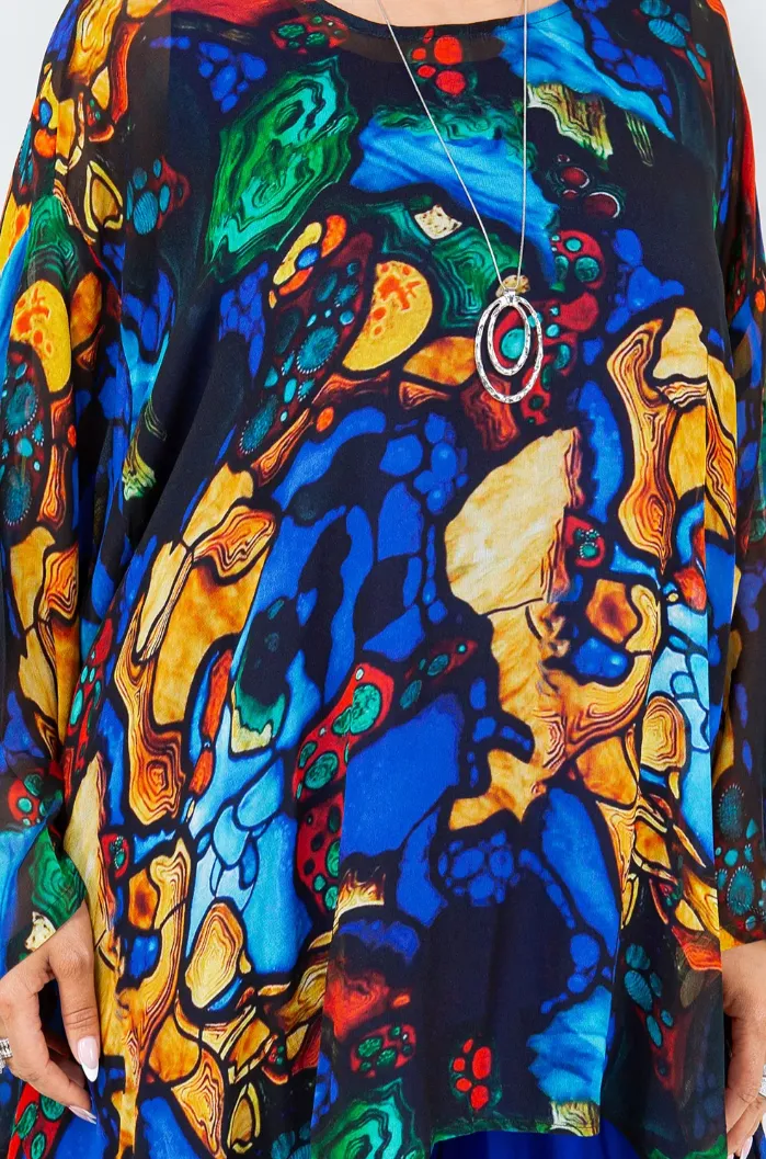 Blue Gold Gems Mosaic hi-low Tunic Top Boho Hippie Chic Resort Wear Sml-10X