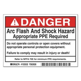 Brady® Arc Flash Labels, 5 in x 3 1/2 in, Danger - Arc Flash And Shock Hazard, Red, 103532