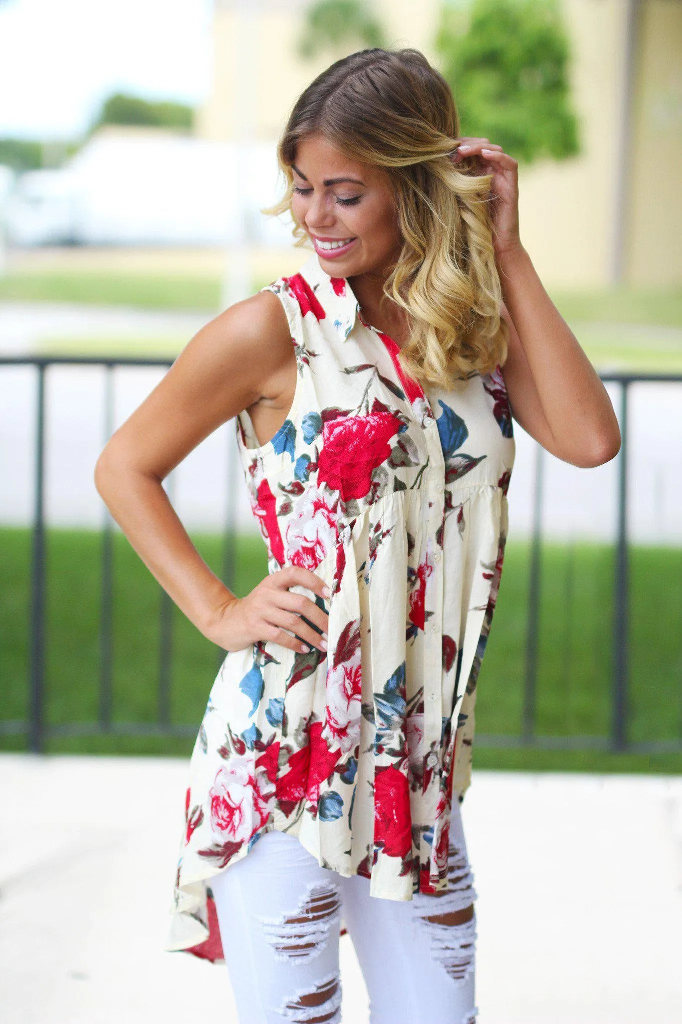 Cream Floral High Low Top