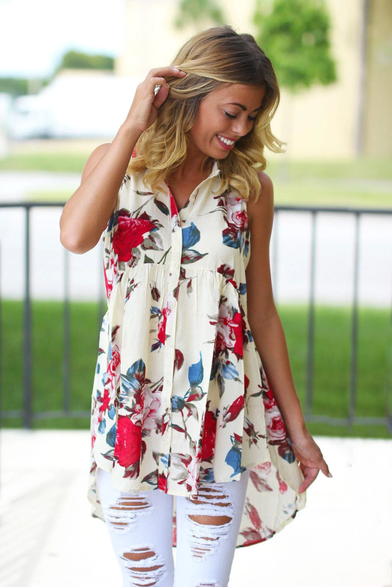 Cream Floral High Low Top