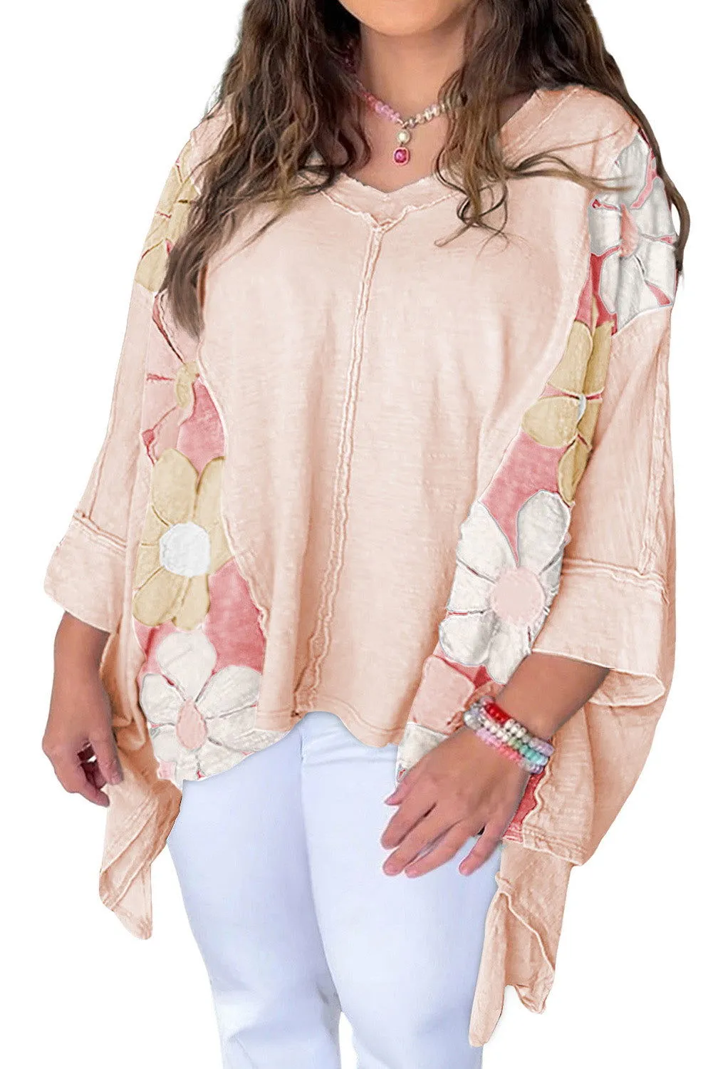 Green Plus Size Flower Patchwork Exposed Seam High Low Top