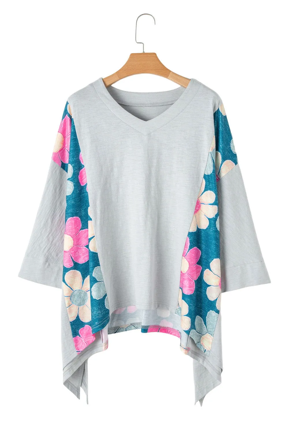 Green Plus Size Flower Patchwork Exposed Seam High Low Top