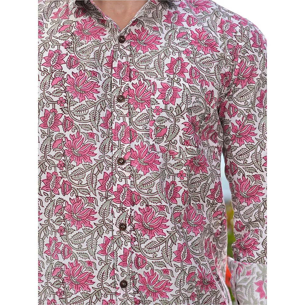 Hatheli Pink Floral Hand Block Shirt
