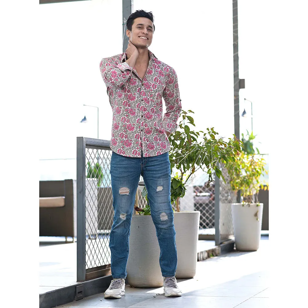 Hatheli Pink Floral Hand Block Shirt