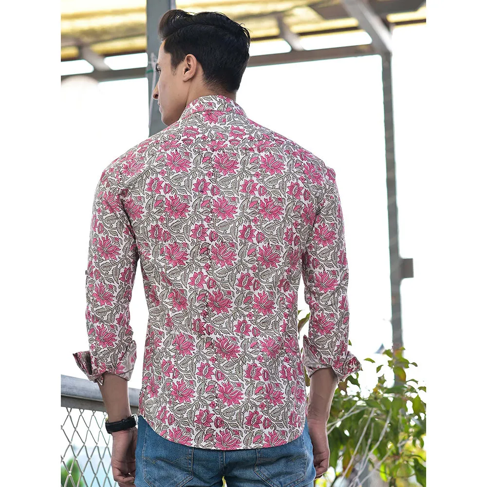 Hatheli Pink Floral Hand Block Shirt
