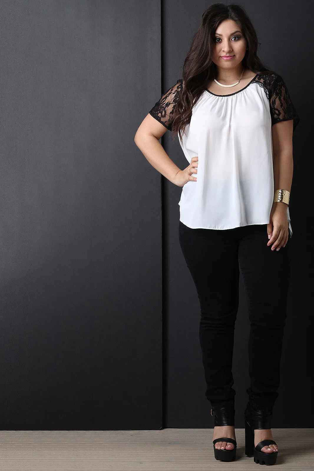 High-Low Floral Lace Sleeve Top