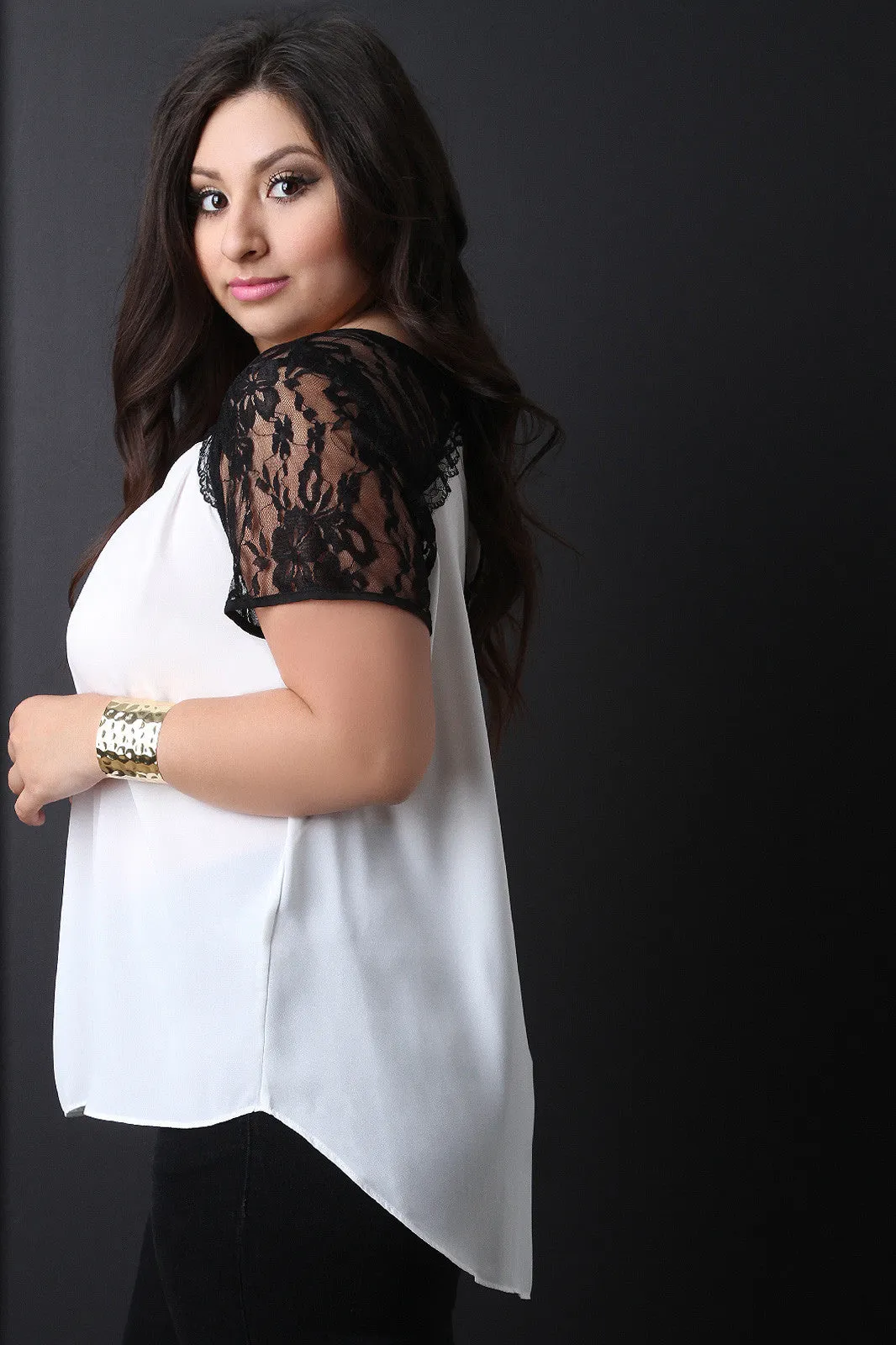 High-Low Floral Lace Sleeve Top