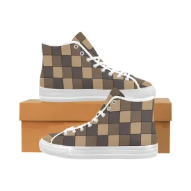 Men's Brown Monochrome Checks Print High Top Canvas Shoes