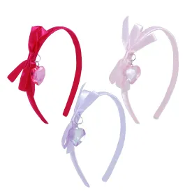 Pink Poppysatin Bow Headband W Dangle Heart