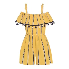 Short Off Shoulder Romper with Pom Pom Trim | Bonnie Jean S38082