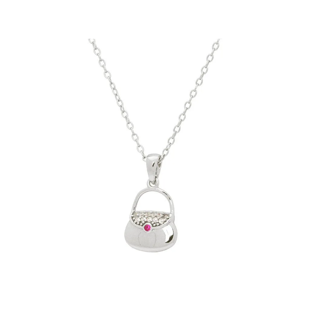 Silver Rhodium Plated Teen Purse Pendant   Necklace 16"  2" Cubic Zirconias and Rubi  Pave