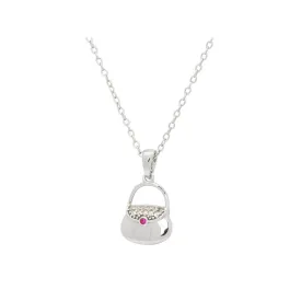 Silver Rhodium Plated Teen Purse Pendant   Necklace 16"  2" Cubic Zirconias and Rubi  Pave