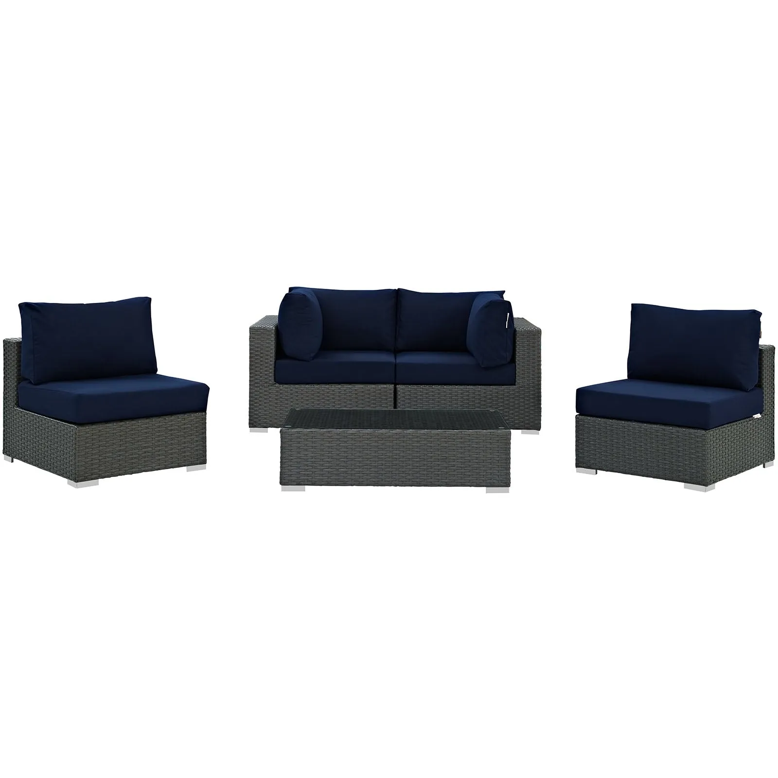 Sojourn 5 Piece Outdoor Patio Sunbrella Sectional  With Armless Chairs Set