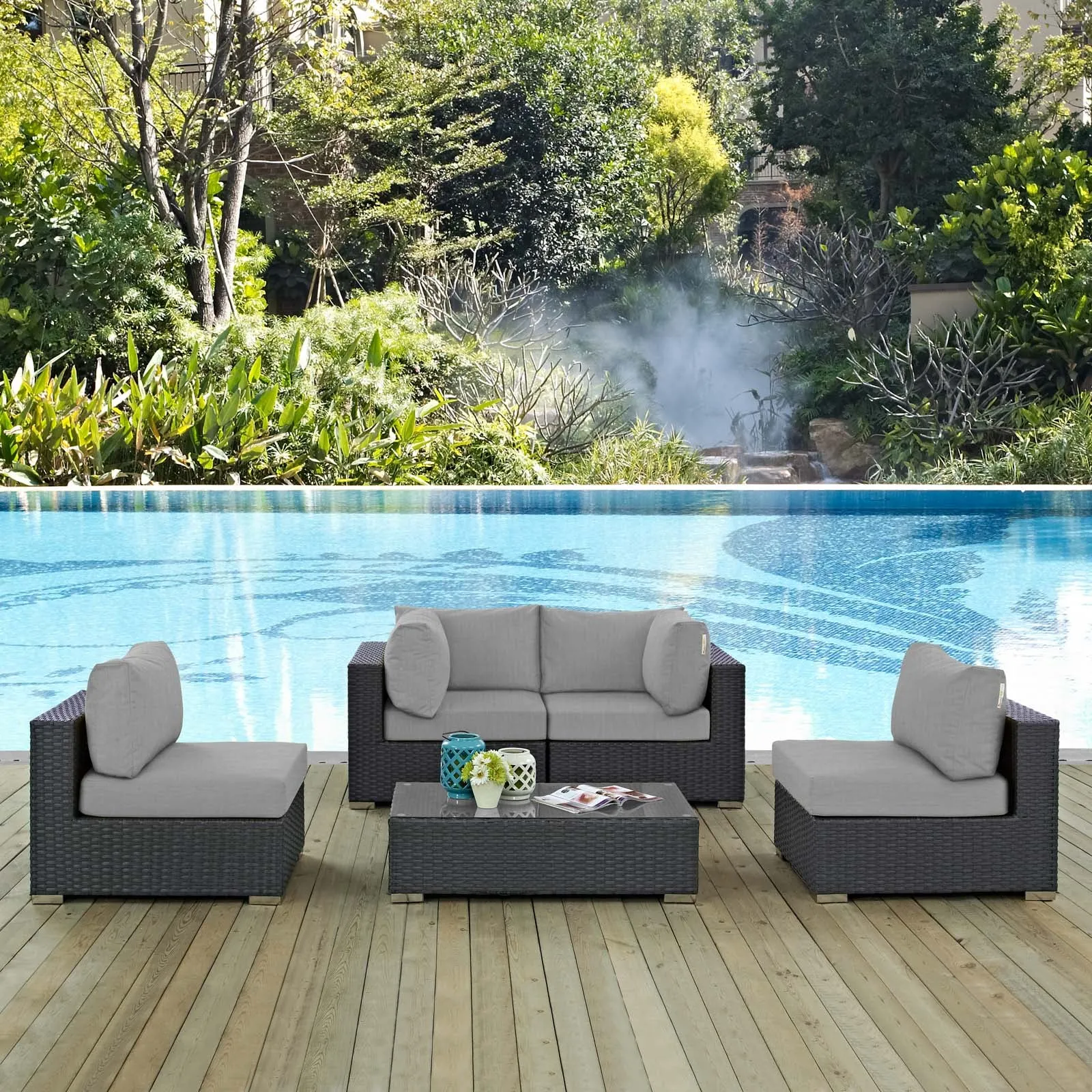 Sojourn 5 Piece Outdoor Patio Sunbrella Sectional  With Armless Chairs Set