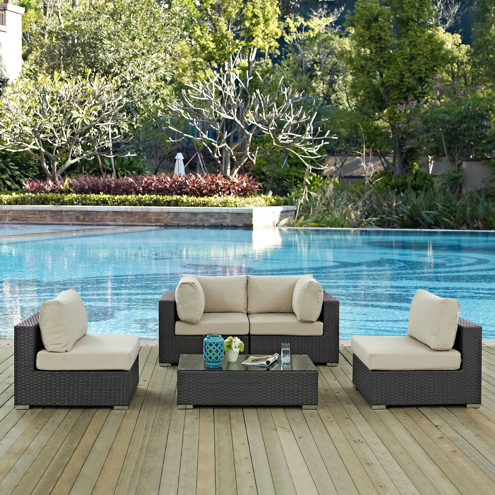 Sojourn 5 Piece Outdoor Patio Sunbrella Sectional  With Armless Chairs Set