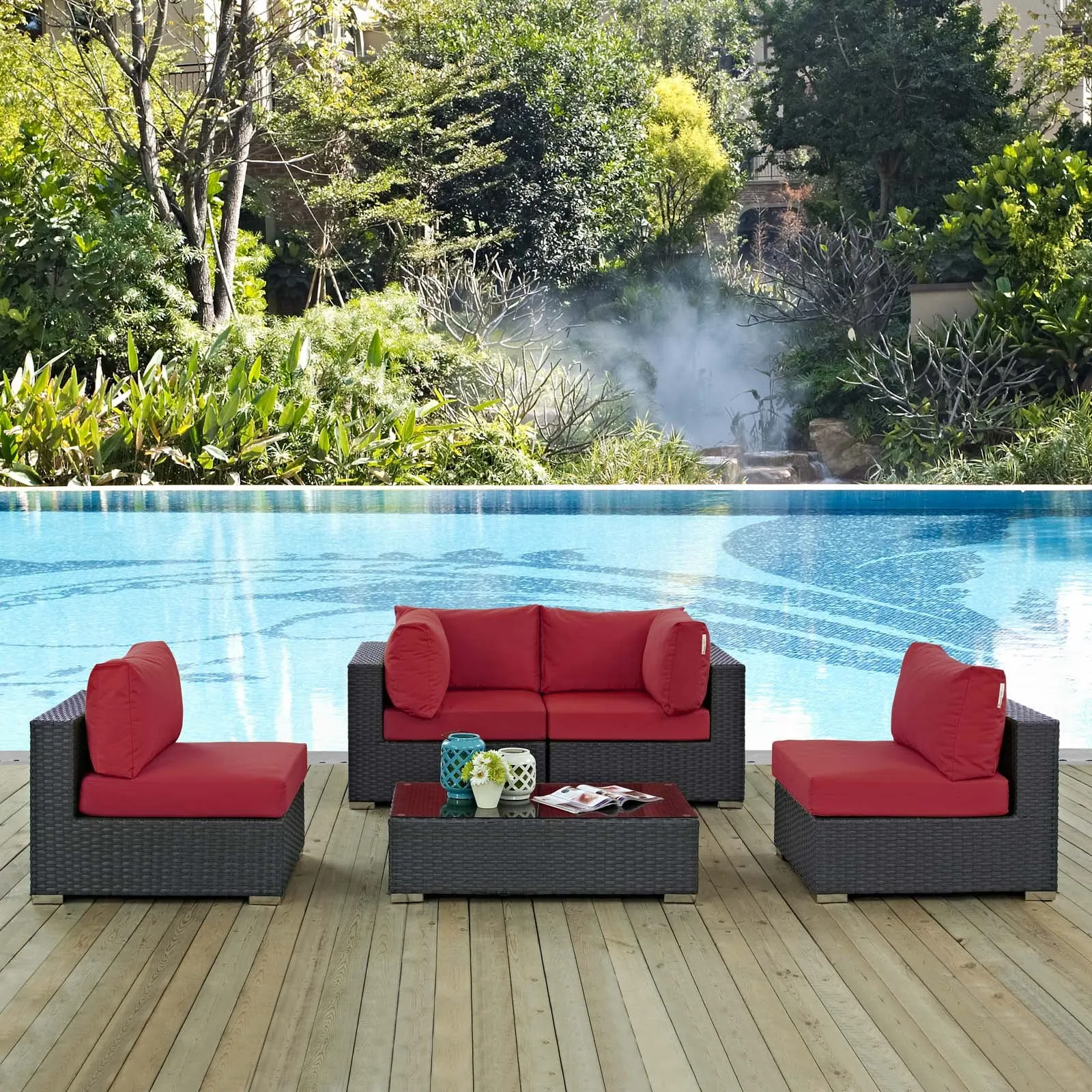 Sojourn 5 Piece Outdoor Patio Sunbrella Sectional  With Armless Chairs Set