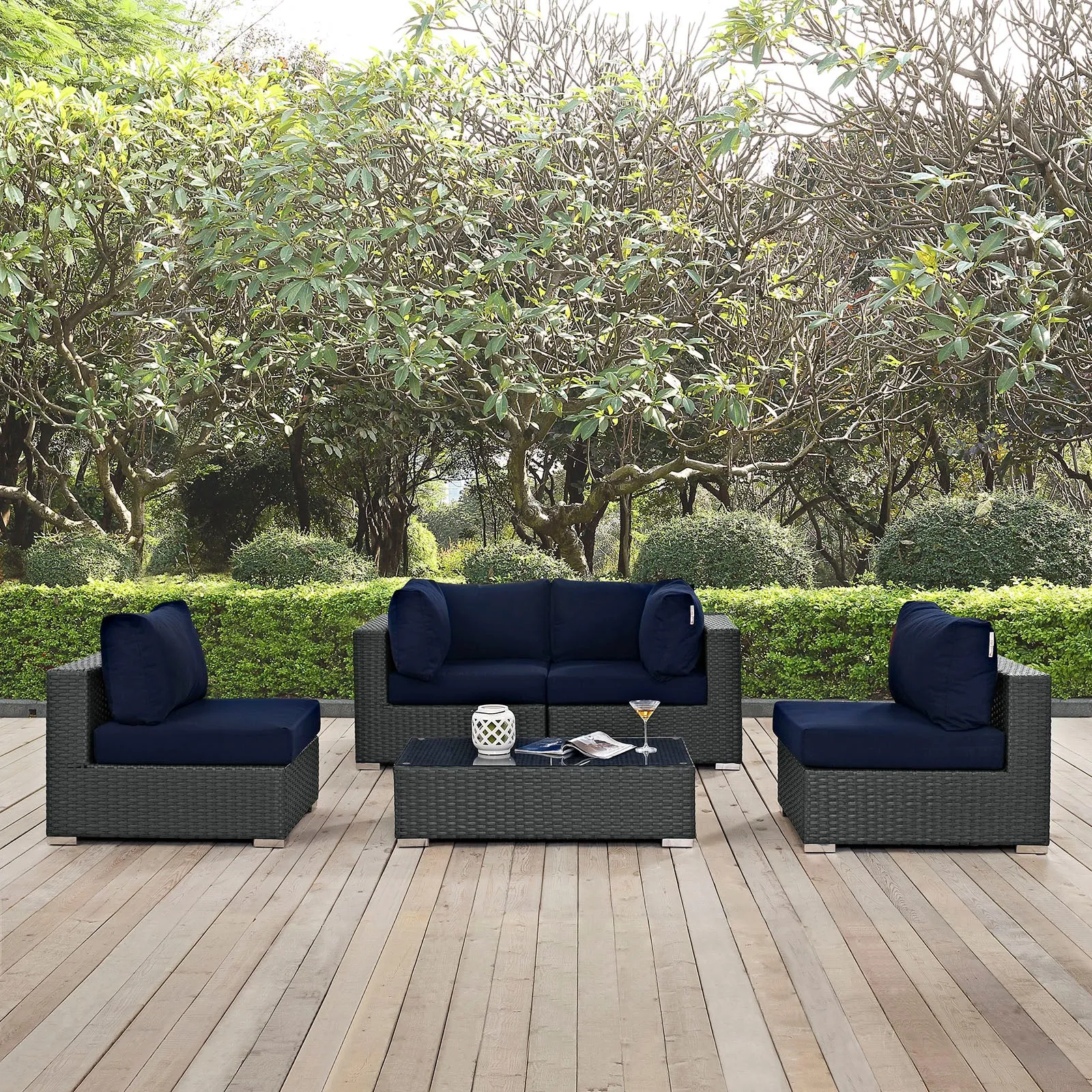 Sojourn 5 Piece Outdoor Patio Sunbrella Sectional  With Armless Chairs Set