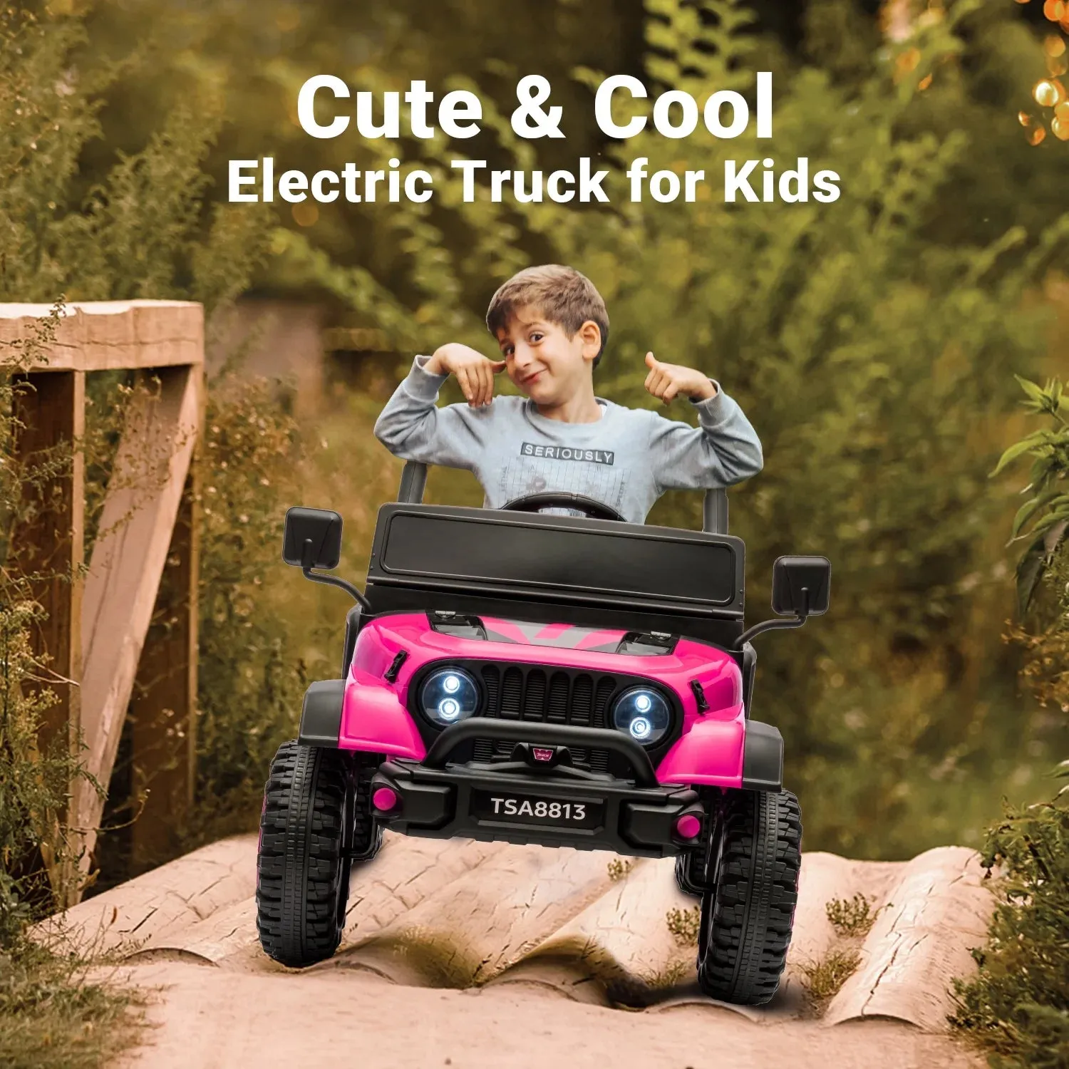 Track 7 24V Ride on Truck, Electric Car for Boys Girls, Ride on Car with Remote Control, Music, Bluetooth, Lights, Spring Suspension, Max Speed 5 mph, Pink