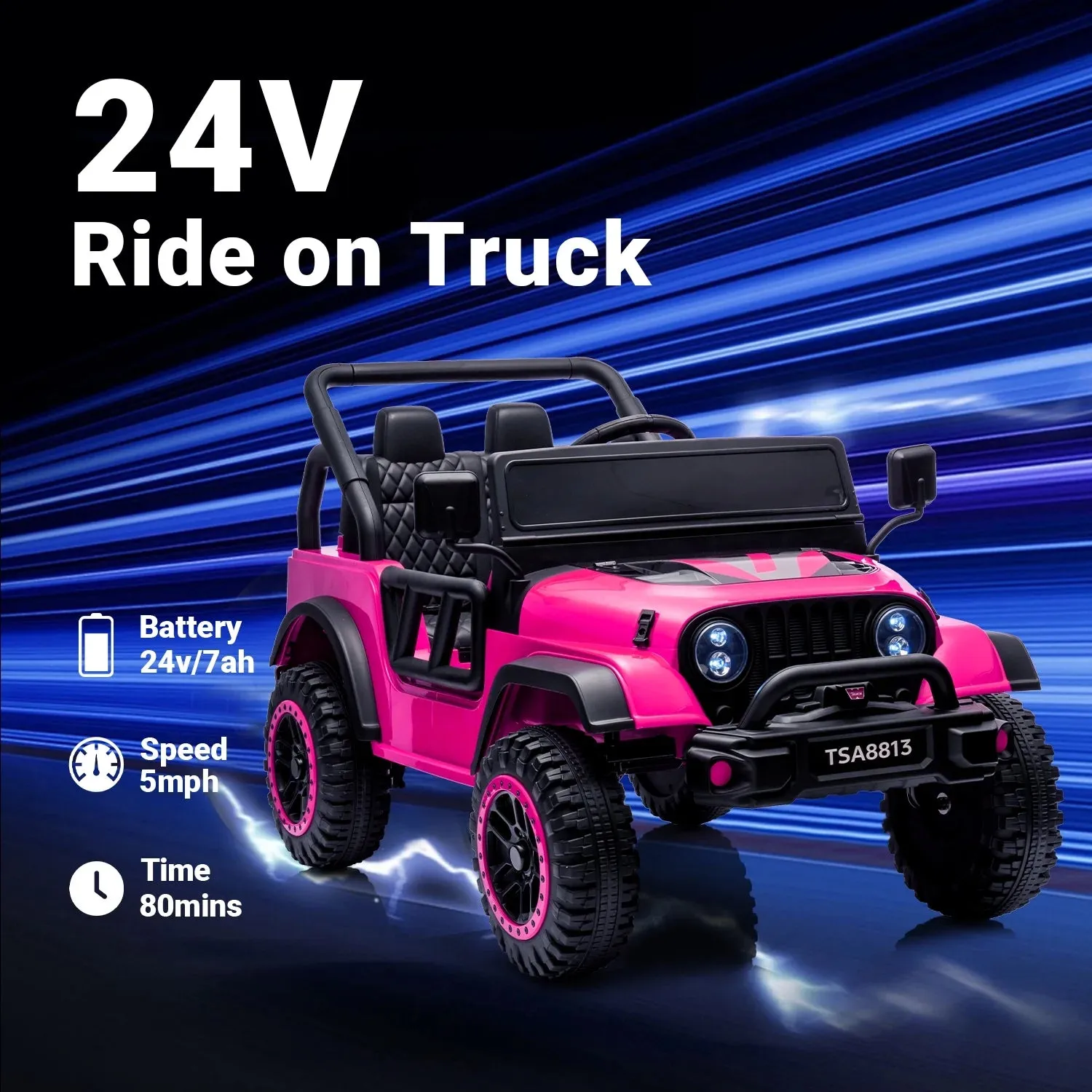 Track 7 24V Ride on Truck, Electric Car for Boys Girls, Ride on Car with Remote Control, Music, Bluetooth, Lights, Spring Suspension, Max Speed 5 mph, Pink