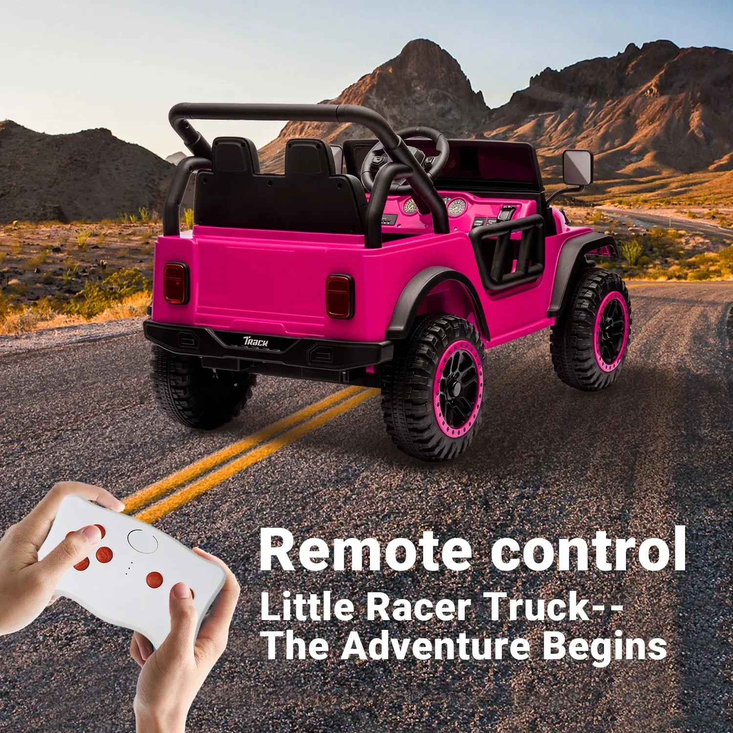 Track 7 24V Ride on Truck, Electric Car for Boys Girls, Ride on Car with Remote Control, Music, Bluetooth, Lights, Spring Suspension, Max Speed 5 mph, Pink