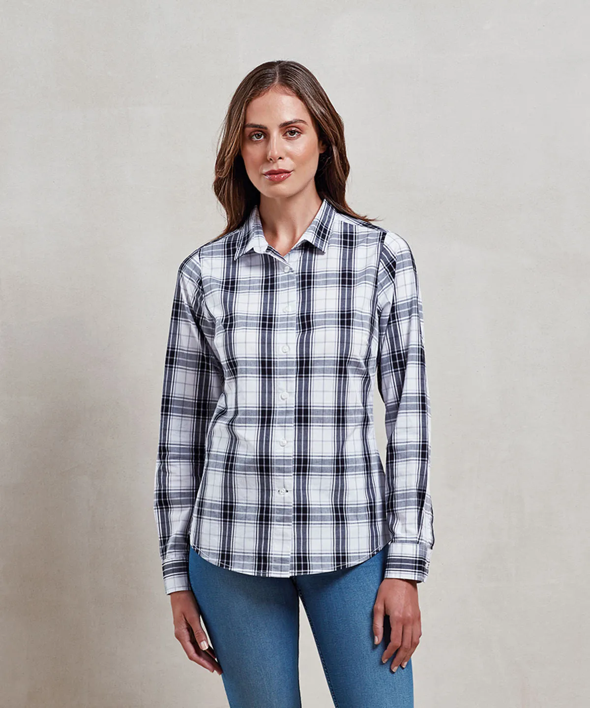 Womens Ginmill check cotton long sleeve shirt | Black/White